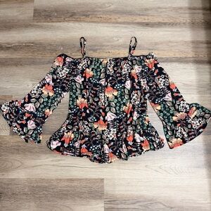 ECI Floral Print Off-Shoulder Blouse - Black, Green, Orange, Pink
